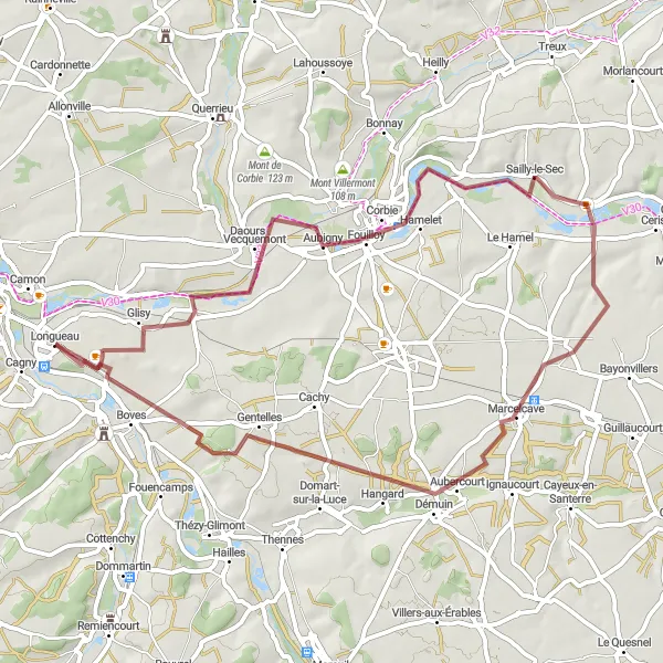 Map miniature of "Corbie and Back" cycling inspiration in Picardie, France. Generated by Tarmacs.app cycling route planner