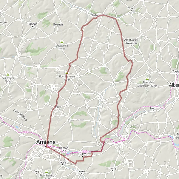 Miniature de la carte de l'inspiration cycliste "Circuit des chemins de traverse en gravier" dans la Picardie, France. Générée par le planificateur d'itinéraire cycliste Tarmacs.app