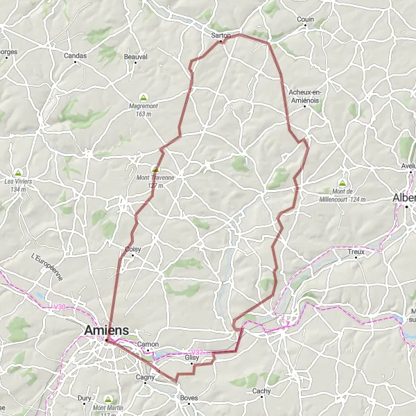 Map miniature of "Amiens and Beyond" cycling inspiration in Picardie, France. Generated by Tarmacs.app cycling route planner