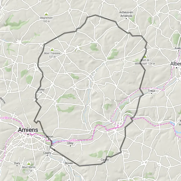 Miniature de la carte de l'inspiration cycliste "Route des villages pittoresques de Picardie" dans la Picardie, France. Générée par le planificateur d'itinéraire cycliste Tarmacs.app