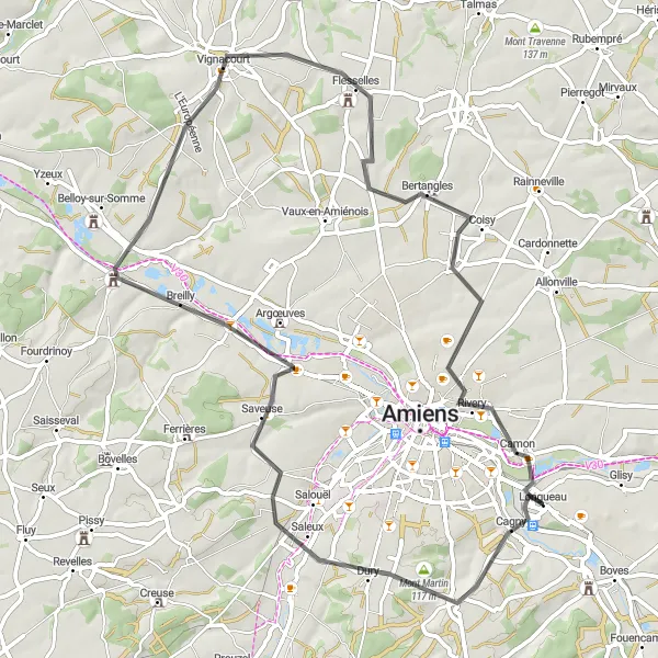 Map miniature of "Countryside Explorer" cycling inspiration in Picardie, France. Generated by Tarmacs.app cycling route planner