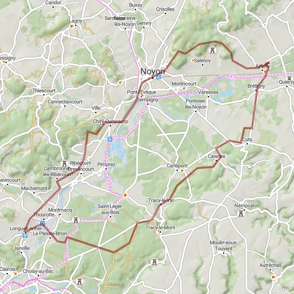 Map miniature of "Noyon Gravel Adventure" cycling inspiration in Picardie, France. Generated by Tarmacs.app cycling route planner