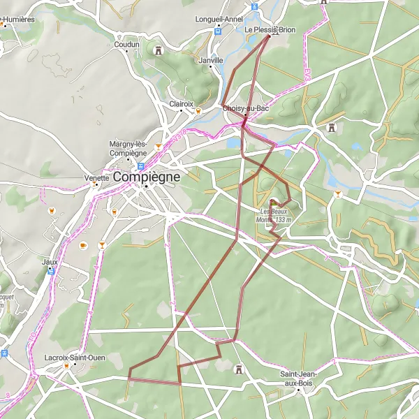Miniature de la carte de l'inspiration cycliste "Parcours sur pistes de gravier à travers les monts de Picardie" dans la Picardie, France. Générée par le planificateur d'itinéraire cycliste Tarmacs.app