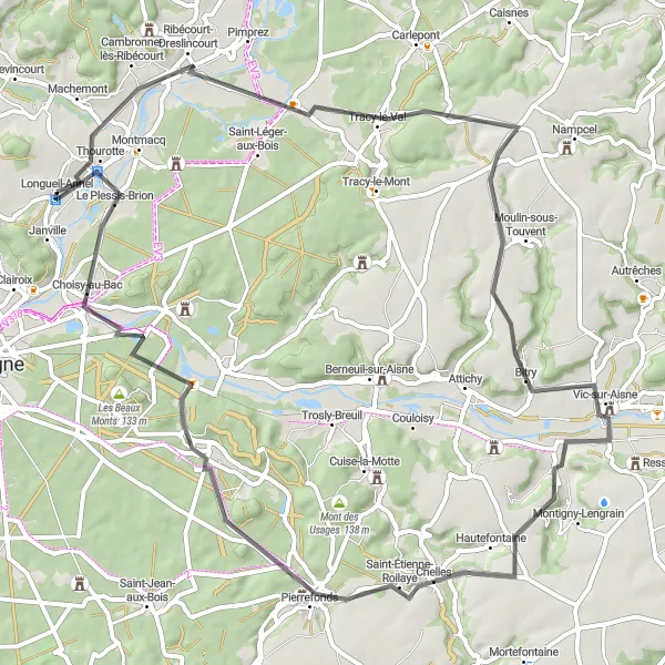 Map miniature of "Road Cycling Delight in Picardie" cycling inspiration in Picardie, France. Generated by Tarmacs.app cycling route planner