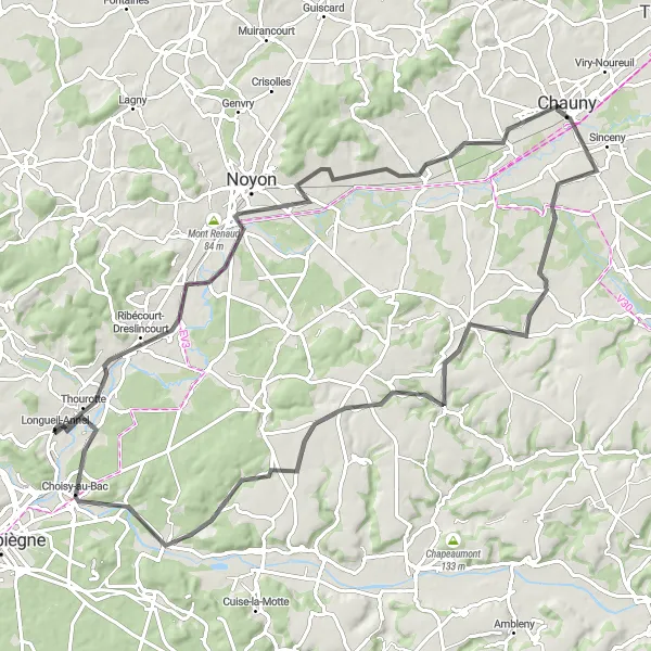 Map miniature of "Chiry-Ourscamp Tour" cycling inspiration in Picardie, France. Generated by Tarmacs.app cycling route planner