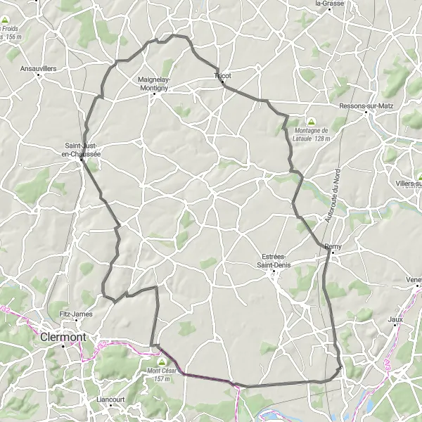 Miniature de la carte de l'inspiration cycliste "Le Charme de l'Oise" dans la Picardie, France. Générée par le planificateur d'itinéraire cycliste Tarmacs.app
