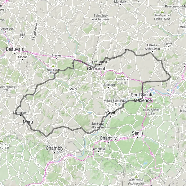 Map miniature of "The Oise Crossroads" cycling inspiration in Picardie, France. Generated by Tarmacs.app cycling route planner