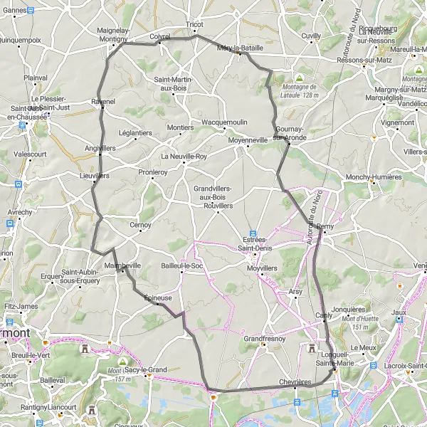 Map miniature of "The Road Less Traveled" cycling inspiration in Picardie, France. Generated by Tarmacs.app cycling route planner