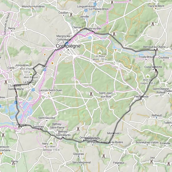 Map miniature of "Historic Castles of Oise" cycling inspiration in Picardie, France. Generated by Tarmacs.app cycling route planner