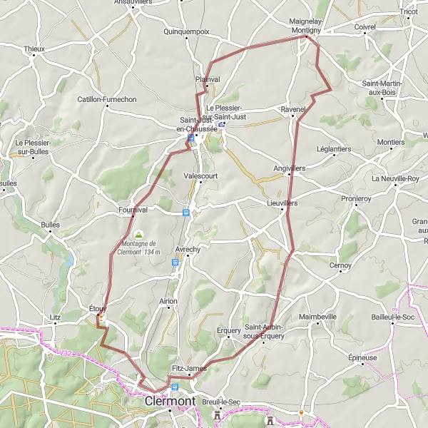 Miniature de la carte de l'inspiration cycliste "Parcours gravel autour de Maignelay-Montigny" dans la Picardie, France. Générée par le planificateur d'itinéraire cycliste Tarmacs.app