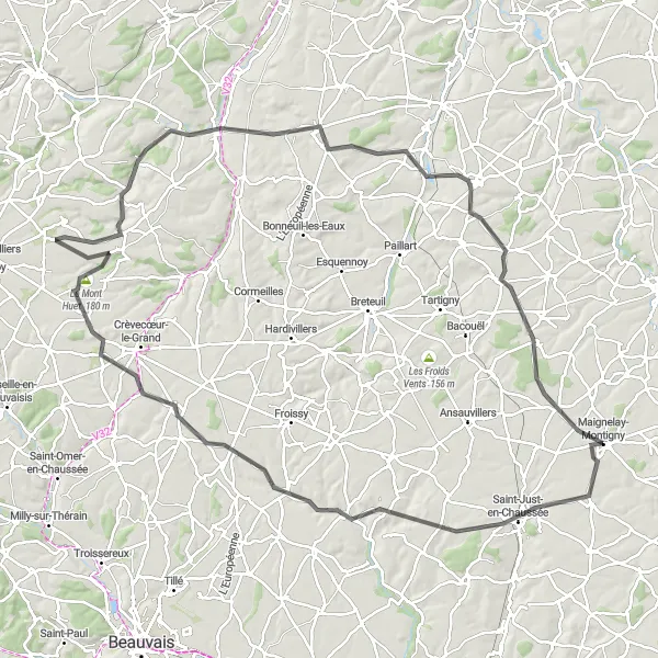 Miniature de la carte de l'inspiration cycliste "Parcours routier pittoresque depuis Maignelay-Montigny" dans la Picardie, France. Générée par le planificateur d'itinéraire cycliste Tarmacs.app