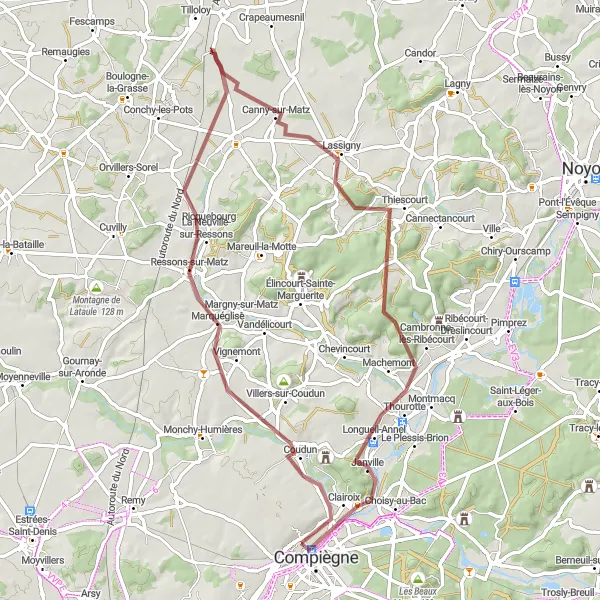 Miniature de la carte de l'inspiration cycliste "Aventure à La Neuville-sur-Ressons et Clairoix" dans la Picardie, France. Générée par le planificateur d'itinéraire cycliste Tarmacs.app