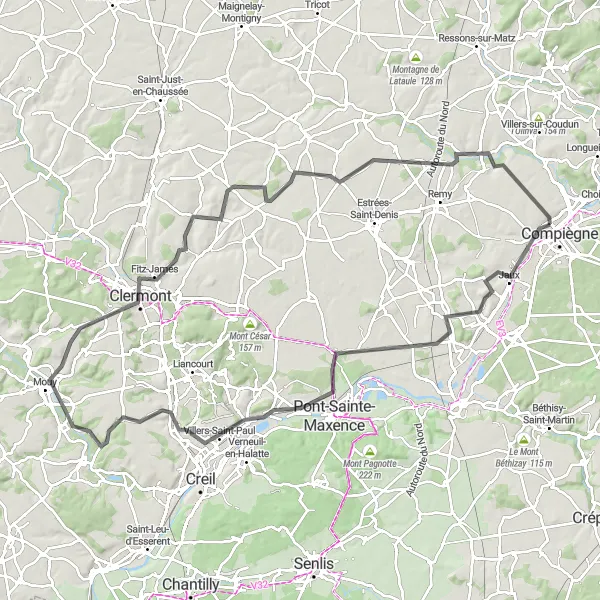 Map miniature of "Explore the Oise Region" cycling inspiration in Picardie, France. Generated by Tarmacs.app cycling route planner