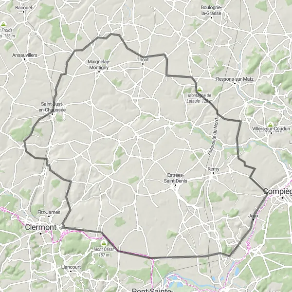 Map miniature of "Picardie Countryside Road Loop" cycling inspiration in Picardie, France. Generated by Tarmacs.app cycling route planner