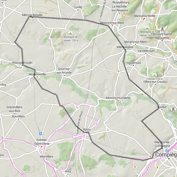 Miniature de la carte de l'inspiration cycliste "Parcours à travers Venette et Cuvilly" dans la Picardie, France. Générée par le planificateur d'itinéraire cycliste Tarmacs.app