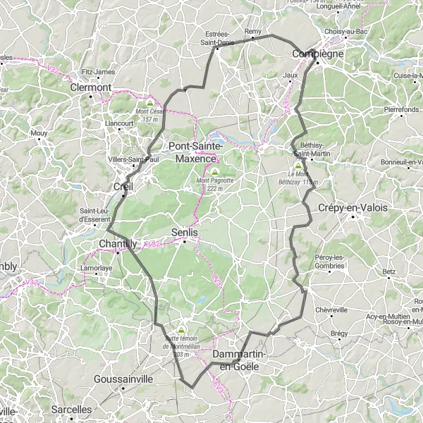 Map miniature of "Compiègne Road Cycling Adventure" cycling inspiration in Picardie, France. Generated by Tarmacs.app cycling route planner
