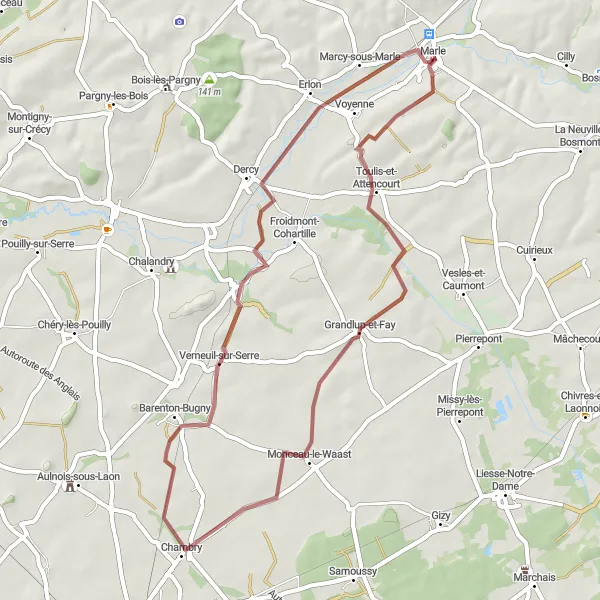 Map miniature of "Marle - Grandlup-et-Fay - Verneuil-sur-Serre - Marle" cycling inspiration in Picardie, France. Generated by Tarmacs.app cycling route planner