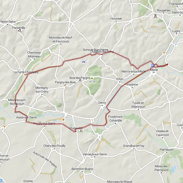 Miniature de la carte de l'inspiration cycliste "Circuit du Val de Serre" dans la Picardie, France. Générée par le planificateur d'itinéraire cycliste Tarmacs.app