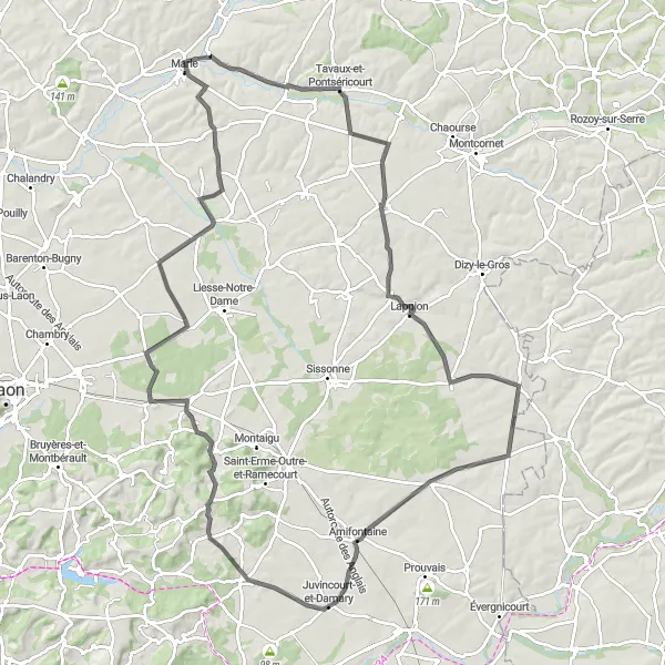 Map miniature of "Marle - Clermont-les-Fermes - Nizy-le-Comte - Juvincourt-et-Damary - Aubigny-en-Laonnois - Gizy - Vesles-et-Caumont - Marle" cycling inspiration in Picardie, France. Generated by Tarmacs.app cycling route planner