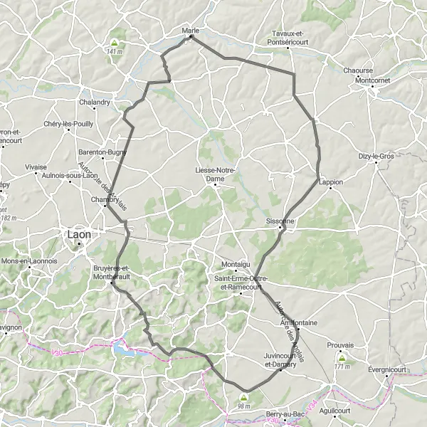 Map miniature of "Marle - Clermont-les-Fermes - Amifontaine - Bouconville-Vauclair - Chérêt - Froidmont-Cohartille - Marle" cycling inspiration in Picardie, France. Generated by Tarmacs.app cycling route planner