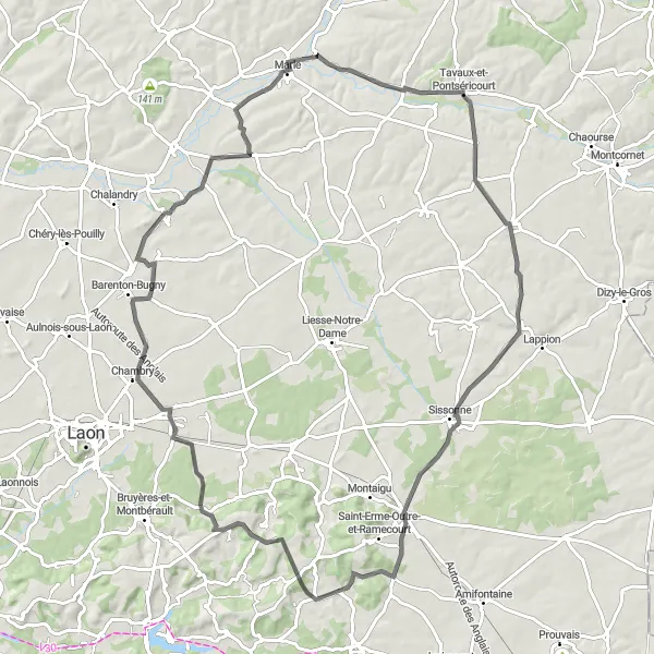 Miniature de la carte de l'inspiration cycliste "Boucle des Fermes Clermontoises" dans la Picardie, France. Générée par le planificateur d'itinéraire cycliste Tarmacs.app
