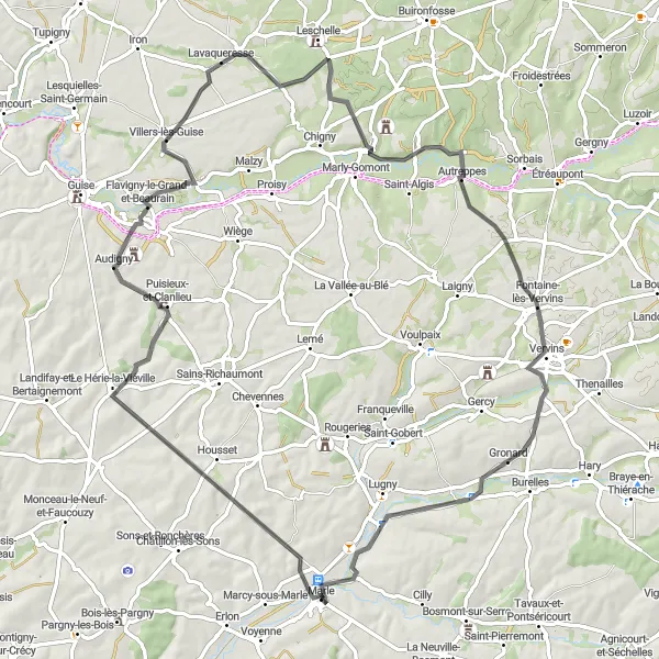 Map miniature of "Marle - Audigny - Villers-lès-Guise - L'Oise - Autreppes - Prisces - Montigny-sous-Marle - Marle" cycling inspiration in Picardie, France. Generated by Tarmacs.app cycling route planner