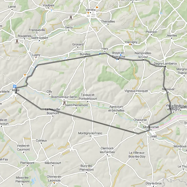 Map miniature of "Marle Loop" cycling inspiration in Picardie, France. Generated by Tarmacs.app cycling route planner