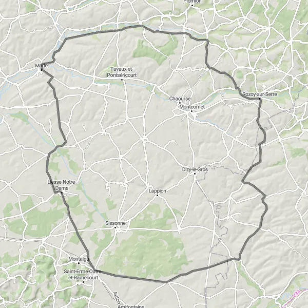 Miniature de la carte de l'inspiration cycliste "Boucle des Vallées de l'Ailette et de l'Oise" dans la Picardie, France. Générée par le planificateur d'itinéraire cycliste Tarmacs.app