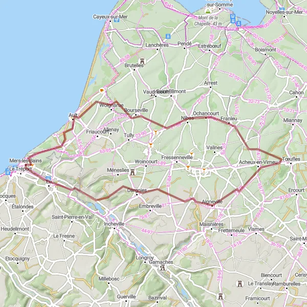 Map miniature of "The Gravel Loop of Mers-les-Bains" cycling inspiration in Picardie, France. Generated by Tarmacs.app cycling route planner