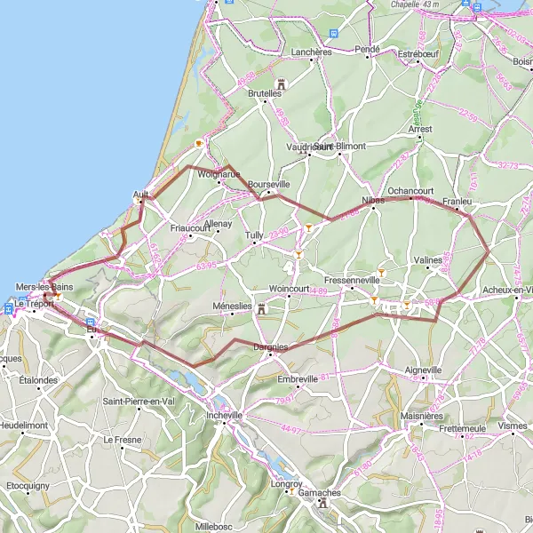 Map miniature of "The Gravel Paths of Mers-les-Bains" cycling inspiration in Picardie, France. Generated by Tarmacs.app cycling route planner