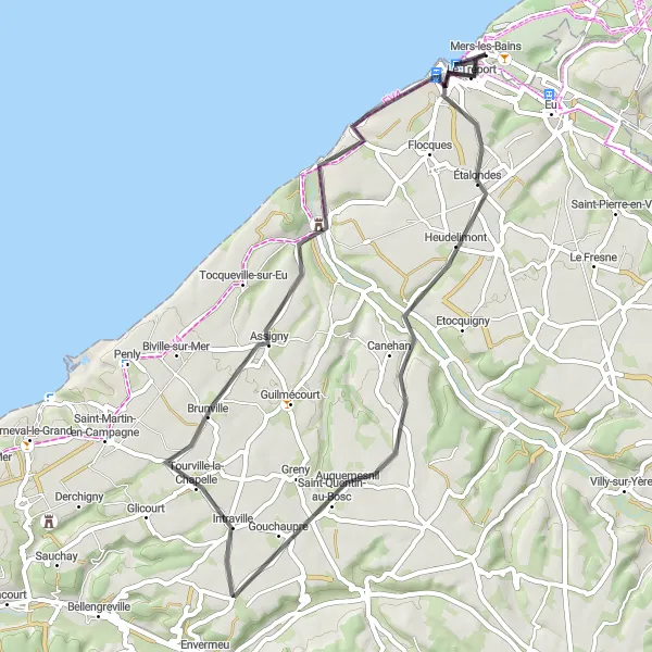 Miniature de la carte de l'inspiration cycliste "Parcours côtier de charme" dans la Picardie, France. Générée par le planificateur d'itinéraire cycliste Tarmacs.app