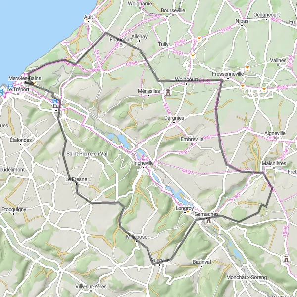 Map miniature of "The Road Less Traveled from Mers-les-Bains" cycling inspiration in Picardie, France. Generated by Tarmacs.app cycling route planner