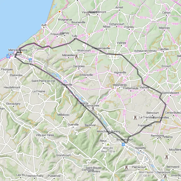 Map miniature of "Exploring Vimeu from Mers-les-Bains" cycling inspiration in Picardie, France. Generated by Tarmacs.app cycling route planner