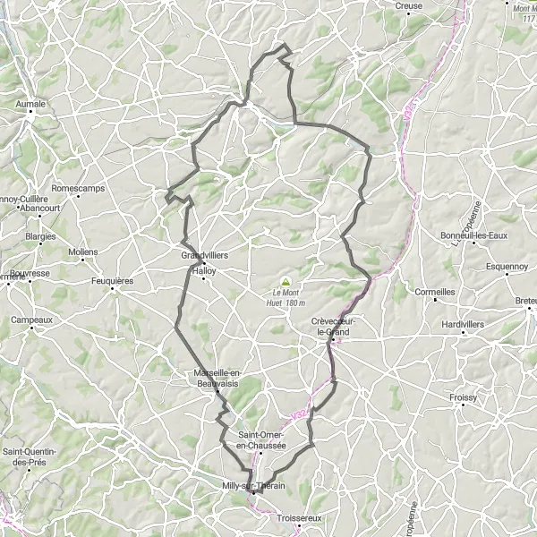 Miniature de la carte de l'inspiration cycliste "Parcours autour de Milly-sur-Thérain" dans la Picardie, France. Générée par le planificateur d'itinéraire cycliste Tarmacs.app