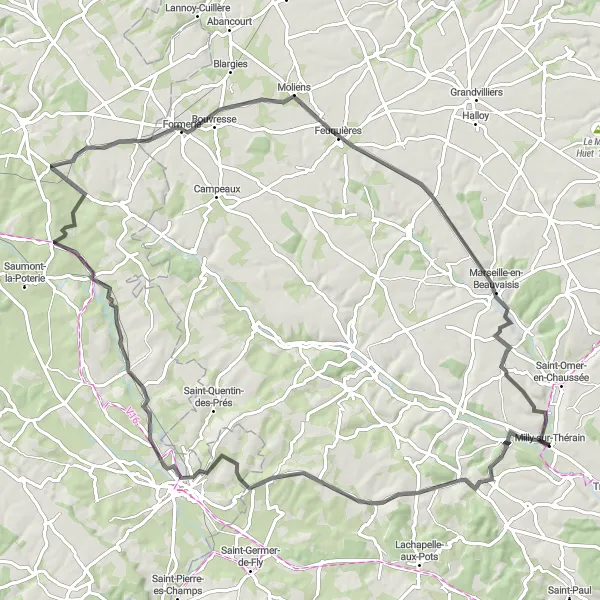 Map miniature of "Scenic Road Cycling Tour in the Thérain Valley" cycling inspiration in Picardie, France. Generated by Tarmacs.app cycling route planner