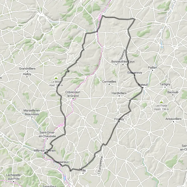 Map miniature of "Thérain Valley Cycling Adventure" cycling inspiration in Picardie, France. Generated by Tarmacs.app cycling route planner