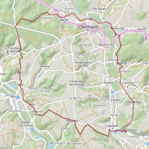 Map miniature of "Scenic Gravel Ride to Angy and Château des Étournelles" cycling inspiration in Picardie, France. Generated by Tarmacs.app cycling route planner