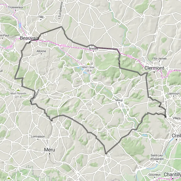 Map miniature of "Challenging Road Cycling Route through Thelle" cycling inspiration in Picardie, France. Generated by Tarmacs.app cycling route planner
