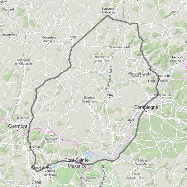 Miniature de la carte de l'inspiration cycliste "Tour en Picardie" dans la Picardie, France. Générée par le planificateur d'itinéraire cycliste Tarmacs.app