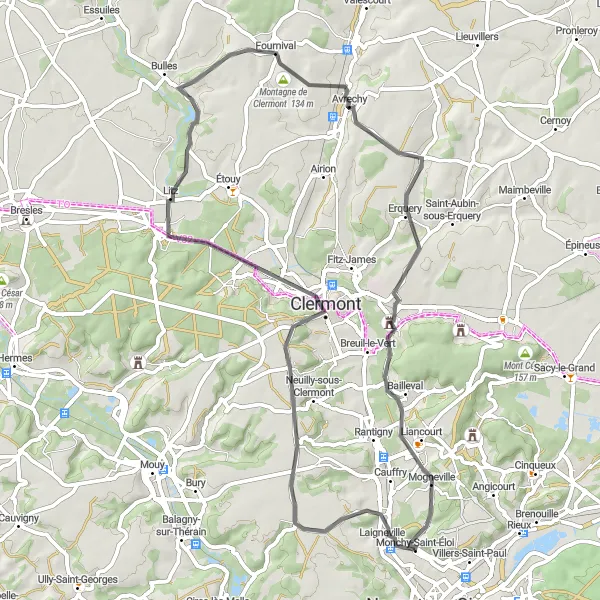 Miniature de la carte de l'inspiration cycliste "Escapade bucolique en Picardie" dans la Picardie, France. Générée par le planificateur d'itinéraire cycliste Tarmacs.app