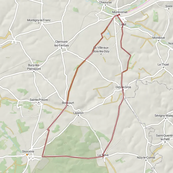 Miniature de la carte de l'inspiration cycliste "Les Chemins de l'Aisne" dans la Picardie, France. Générée par le planificateur d'itinéraire cycliste Tarmacs.app