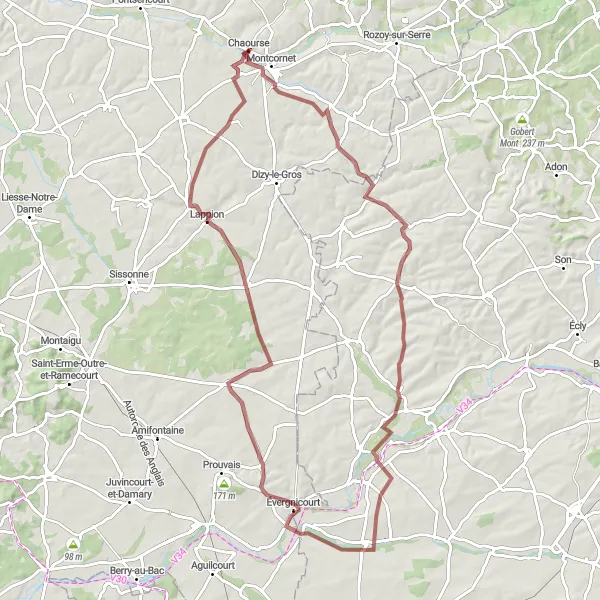 Miniature de la carte de l'inspiration cycliste "La Boucle des Vallées Verdoyantes" dans la Picardie, France. Générée par le planificateur d'itinéraire cycliste Tarmacs.app
