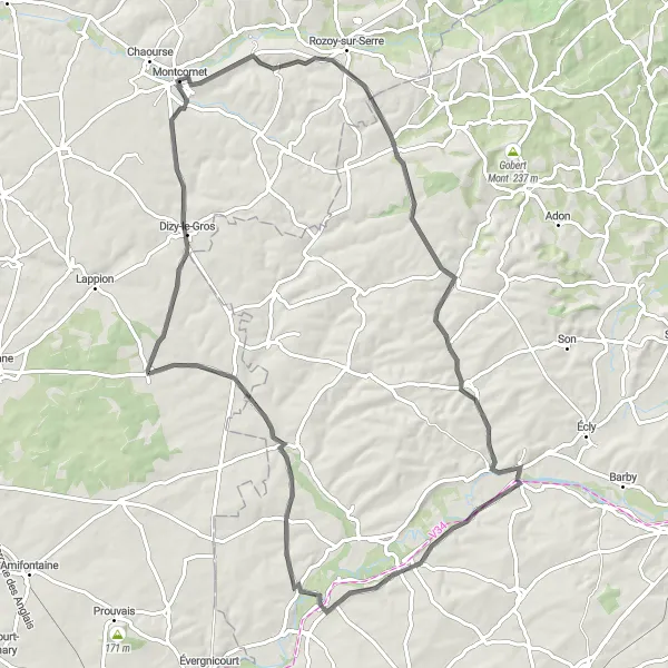 Miniature de la carte de l'inspiration cycliste "Les Charmes de l'Ardenne" dans la Picardie, France. Générée par le planificateur d'itinéraire cycliste Tarmacs.app
