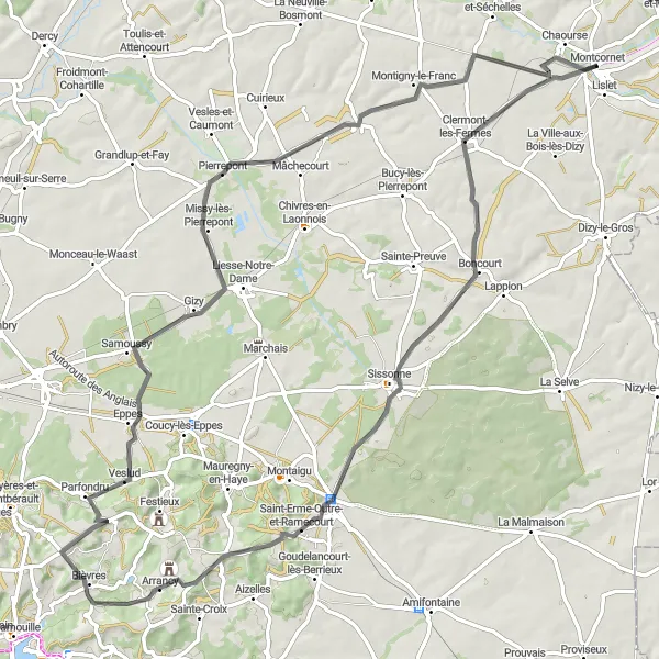Miniature de la carte de l'inspiration cycliste "La Boucle des Vallées" dans la Picardie, France. Générée par le planificateur d'itinéraire cycliste Tarmacs.app