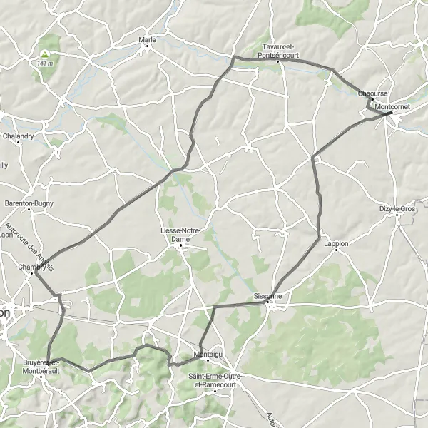 Miniature de la carte de l'inspiration cycliste "Les Vallons de l'Ailette" dans la Picardie, France. Générée par le planificateur d'itinéraire cycliste Tarmacs.app