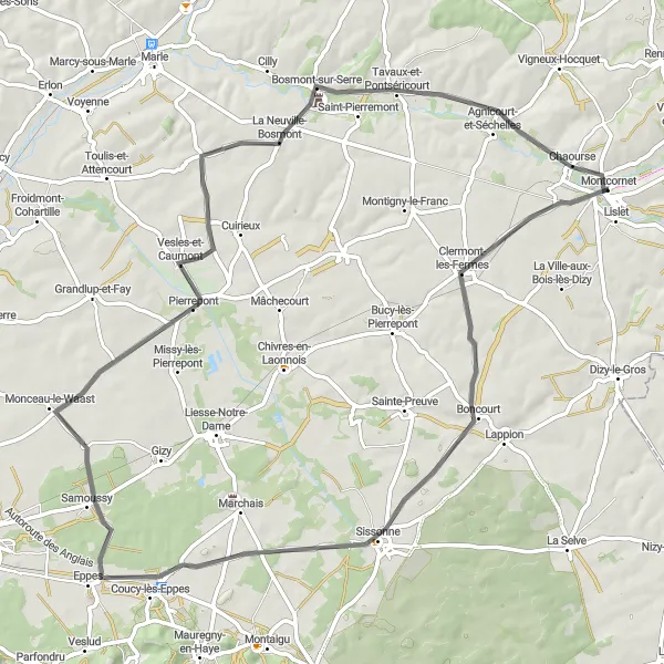 Miniature de la carte de l'inspiration cycliste "Les Collines du Laonnois" dans la Picardie, France. Générée par le planificateur d'itinéraire cycliste Tarmacs.app