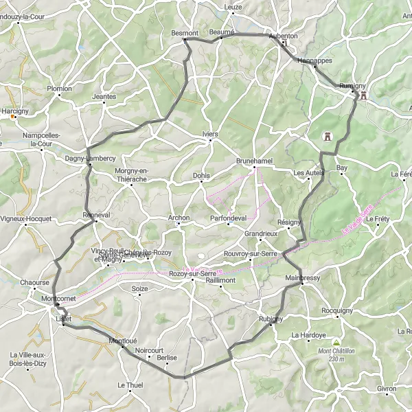 Miniature de la carte de l'inspiration cycliste "Les Vallées de l'Aisne" dans la Picardie, France. Générée par le planificateur d'itinéraire cycliste Tarmacs.app