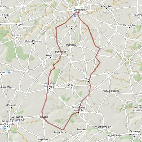 Miniature de la carte de l'inspiration cycliste "Les Collines de Picardie" dans la Picardie, France. Générée par le planificateur d'itinéraire cycliste Tarmacs.app