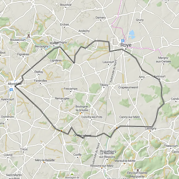 Miniature de la carte de l'inspiration cycliste "Route historique de Picardie" dans la Picardie, France. Générée par le planificateur d'itinéraire cycliste Tarmacs.app