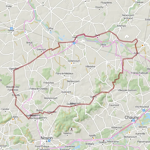 Map miniature of "Gravel Adventure: Montescourt-Lizerolles Exploration" cycling inspiration in Picardie, France. Generated by Tarmacs.app cycling route planner